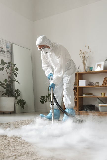 A professional in full protective gear, including a white hazmat suit, face mask, and blue gloves, is performing deep cleaning or sanitisation on a beige carpet in a residential living room. The technician is using a carpet cleaning machine that releases steam or cleaning solution, creating visible white vapor on the carpet surface. The room is well-lit with natural light, featuring light-colored walls, a wooden bookshelf with decorative items, and several potted plants. This image illustrates effective surface cleaning and sanitisation processes performed by Hackney Carpet Cleaning to maintain hygiene and cleanliness in domestic spaces, aligning with their service of deep cleaning and carpet sanitation showcased in the Dalston guide to emergency carpet cleaning E8, Hackney.